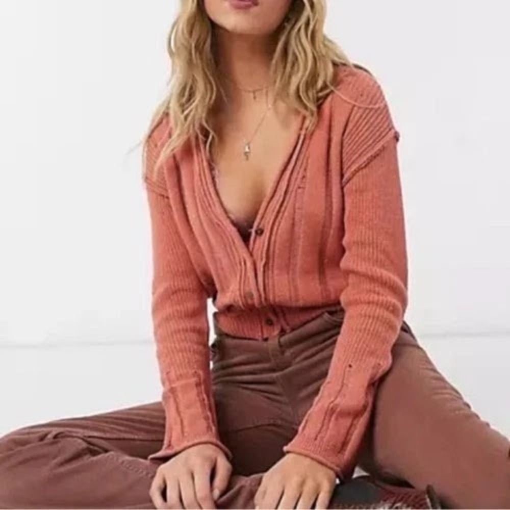 Free People Sweater Stevie Cardigan Coral Button Front Boho Cardi Womens Small